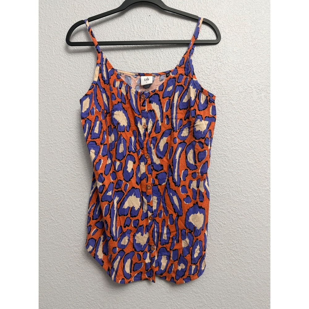 Cabi Womens Small Tank Top Orange Purple Leopard‎ Print Button Down Style 5040